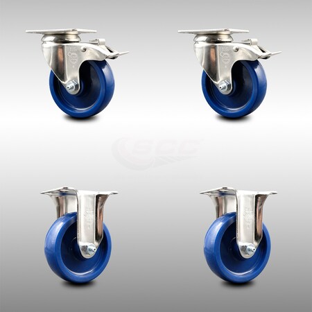 Service Caster 4 Inch 316SS Solid Polyurethane Swivel Top Plate Caster Lock Brake 2 Rigid, 2PK SCC-SS316TTL20S414-SPUS-2-R-2